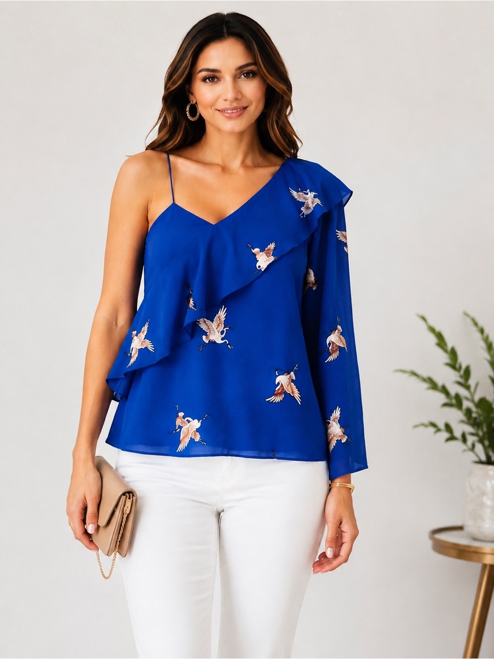 Belle Sky Royal Blue Crane Print One Shoulder Ruffle Blouse Women’s M